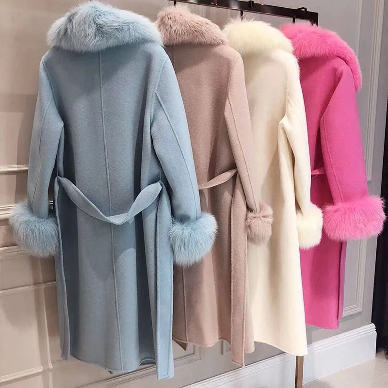 Genuine Fox Fur Collar  and Cuffs Wool Jacket