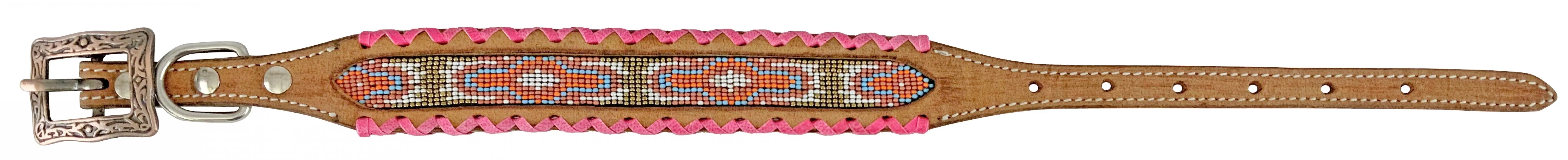 Genuine leather dog collar with pink, white, and gold navajo beaded inlay design, a rawhide wrapped edge