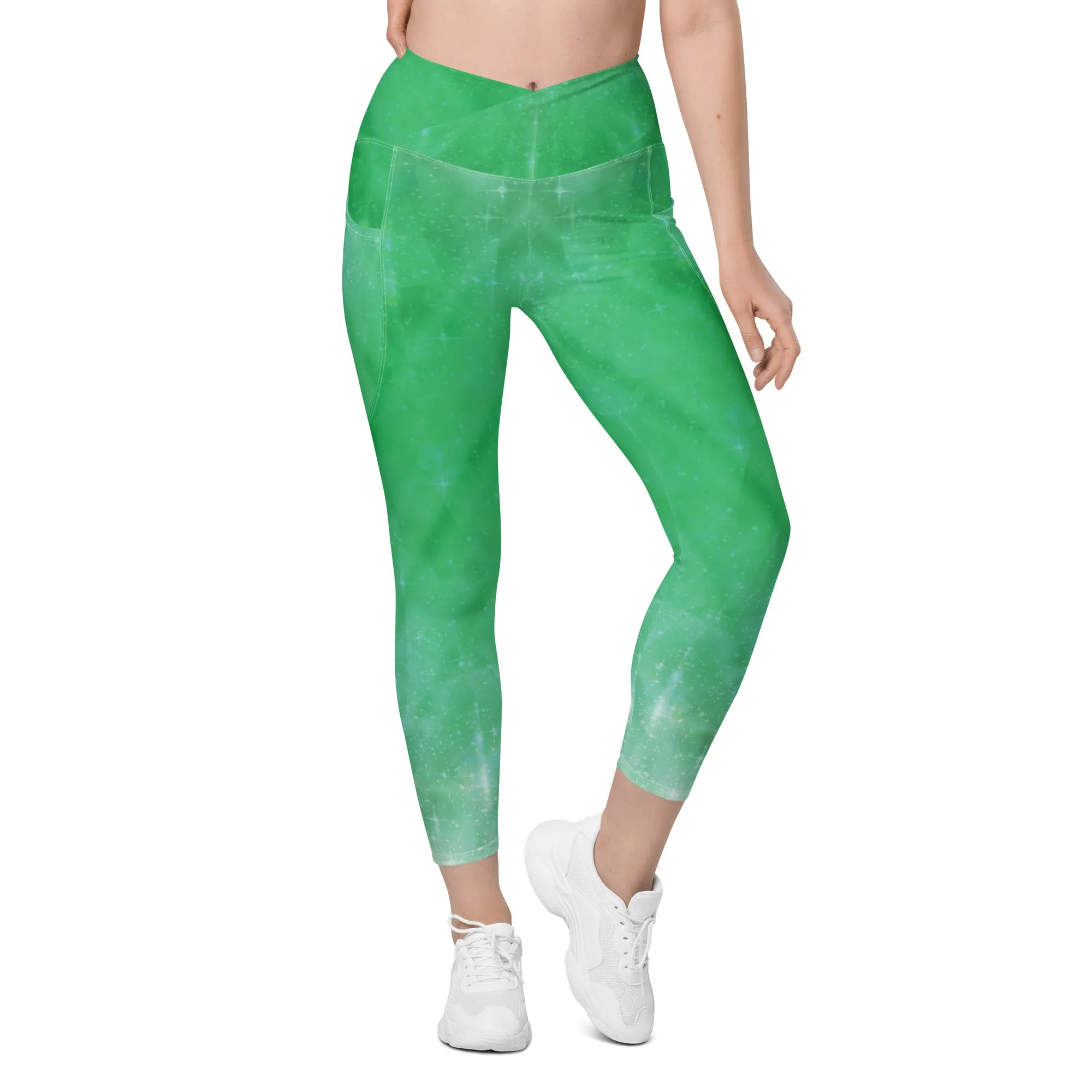 Green Crystal Crossover Leggings with Pockets, lioness-love