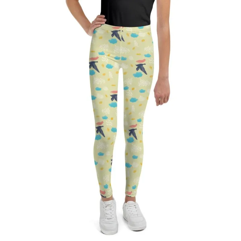 Light Blue Bird Yellow Cute Print Youth Leggings Workout Gym Pants - Made in USA/EU