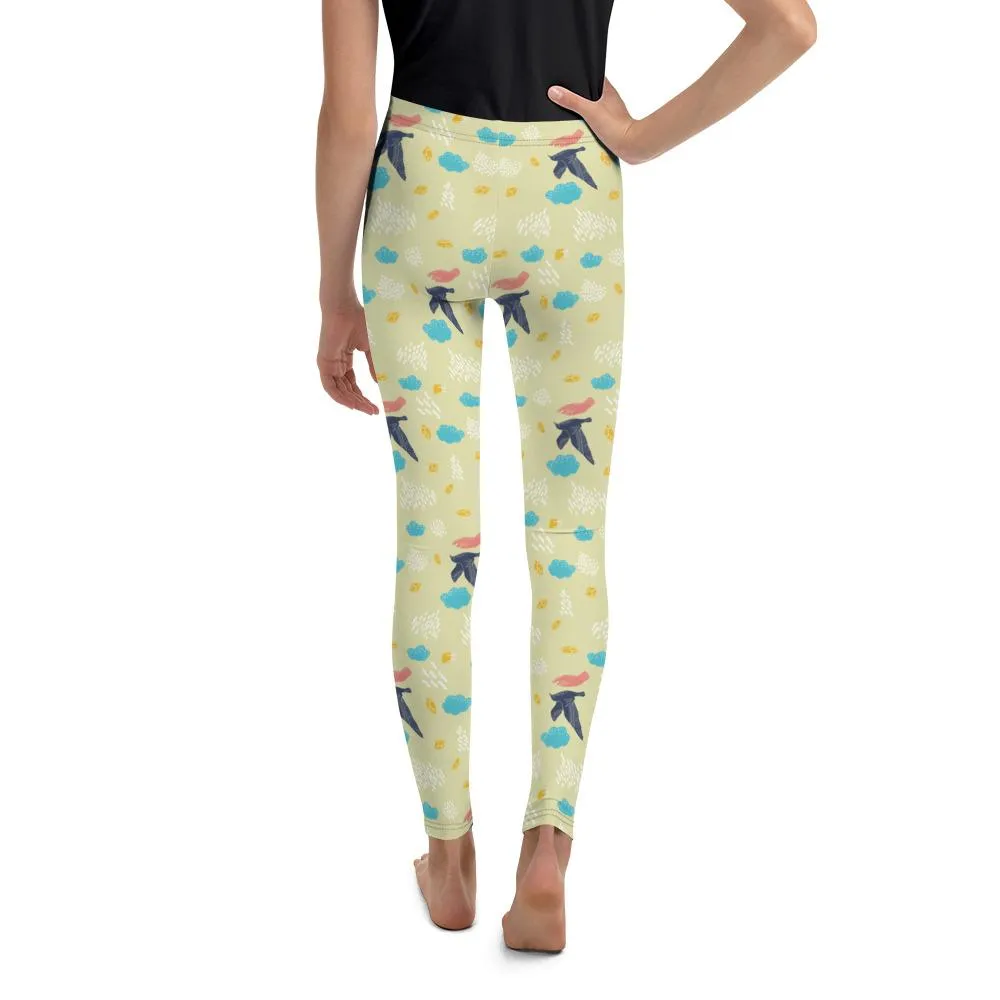 Light Blue Bird Yellow Cute Print Youth Leggings Workout Gym Pants - Made in USA/EU