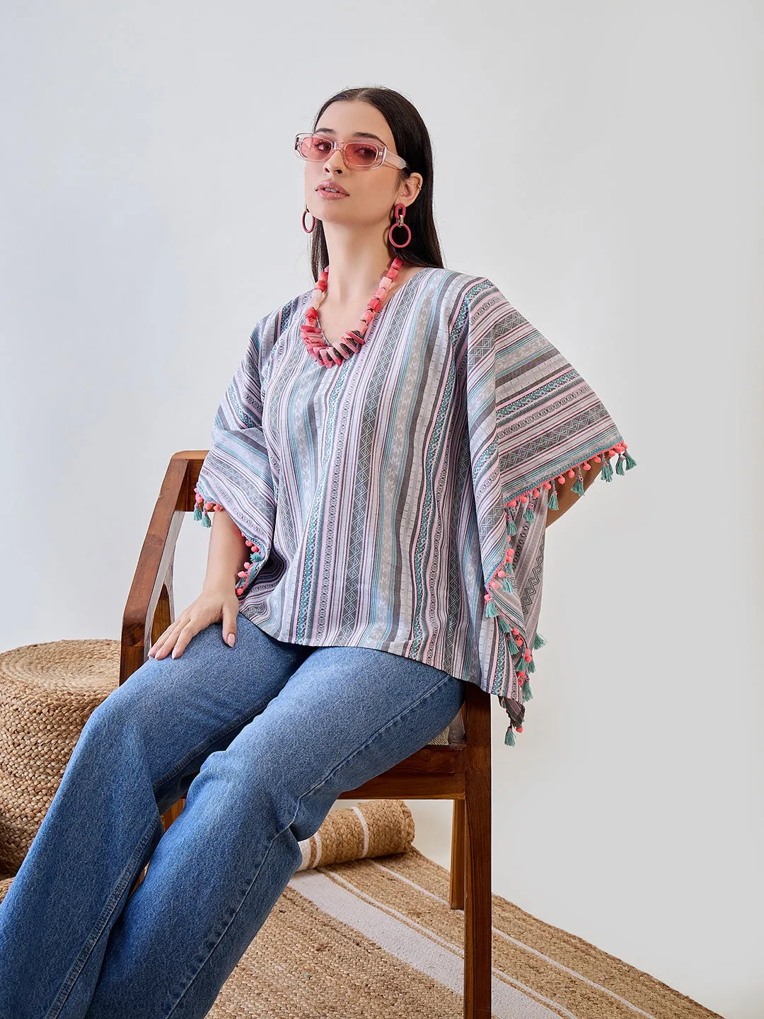 Multicoloured Decorative Striped Pom Pom Lace Embellished Cotton Kaftan Top