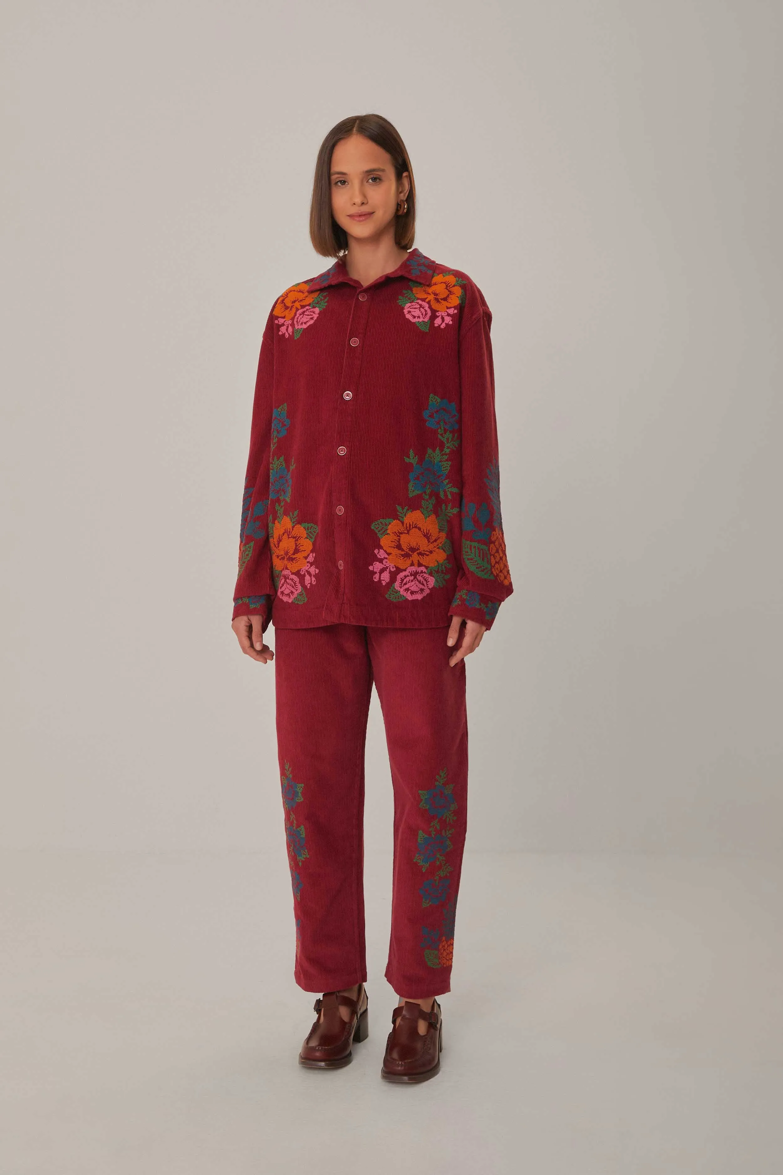 Pink Corduroy Embroidered Pants