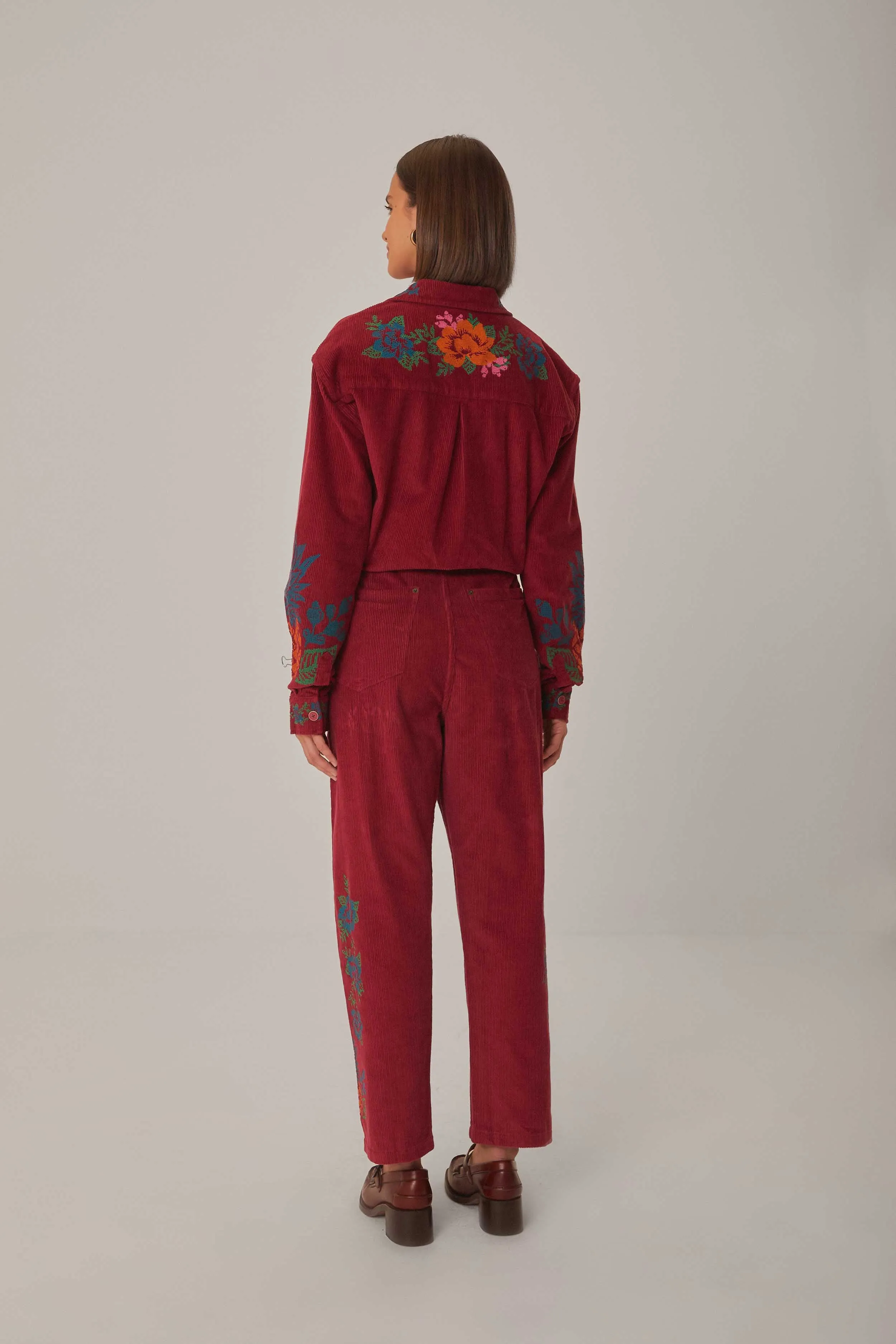 Pink Corduroy Embroidered Pants