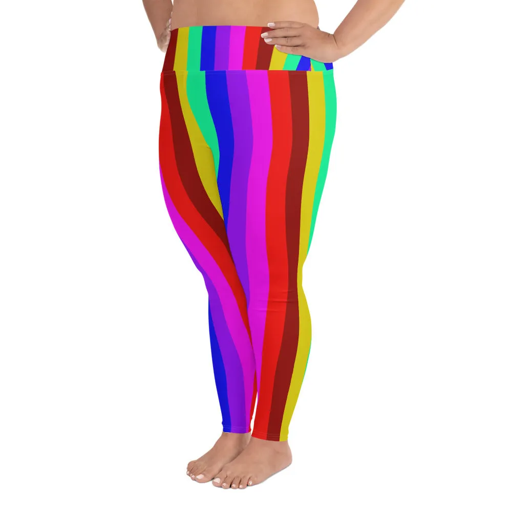 Rainbow Striped Plus Size Tights, Best Vertical Stripe Women's High Waist Ankle Length Plus Size Leggings