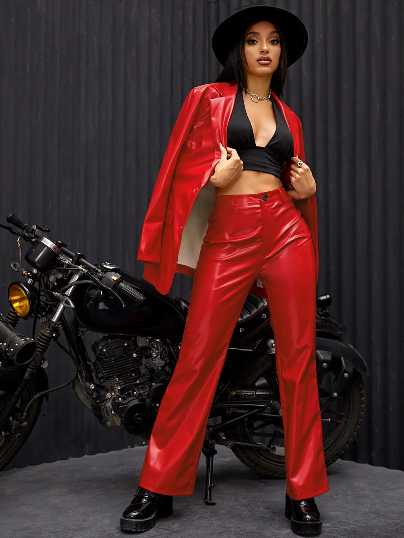 Red High Waist Zipper Fly Straight PU Leather Pants