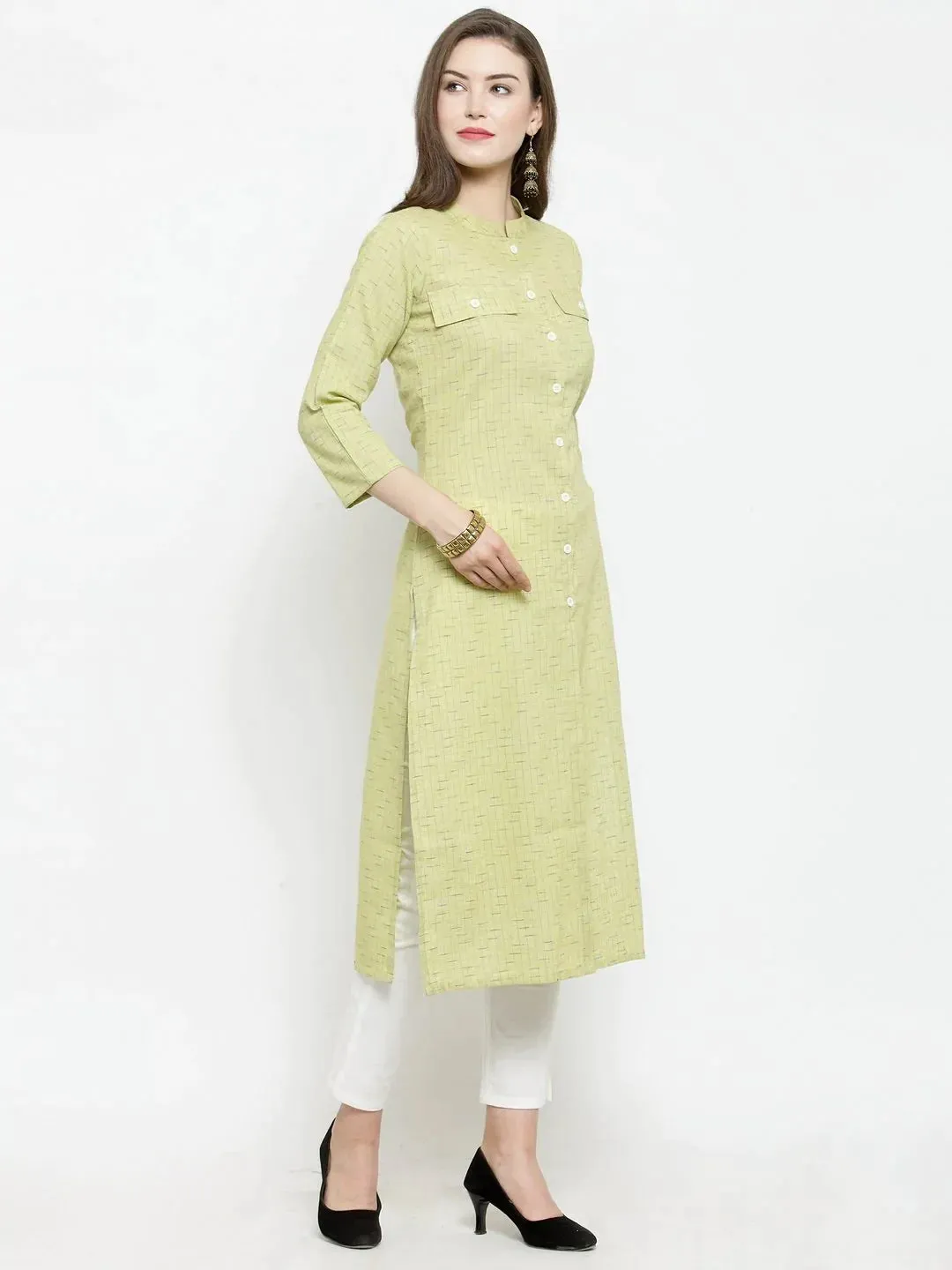 Women Green Woven Design Straight Kurta