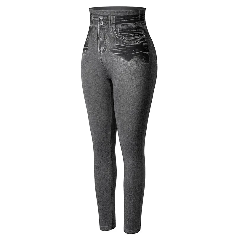 Women Jeggings Faux Denim Jeans Leggings High Waisted Tummy Control Slim Leggins Printed Pencil Pants Seamless Skinny Trousers