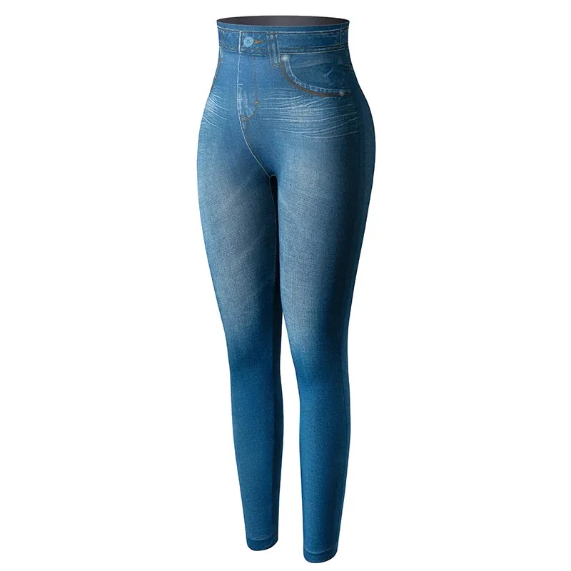 Women Jeggings Faux Denim Jeans Leggings High Waisted Tummy Control Slim Leggins Printed Pencil Pants Seamless Skinny Trousers
