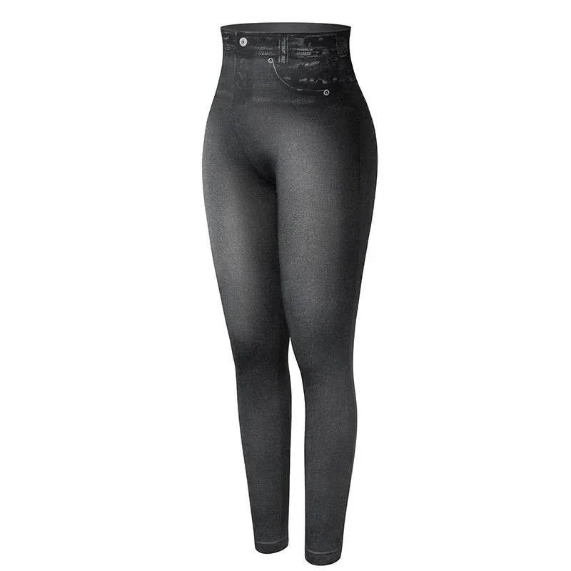Women Jeggings Faux Denim Jeans Leggings High Waisted Tummy Control Slim Leggins Printed Pencil Pants Seamless Skinny Trousers